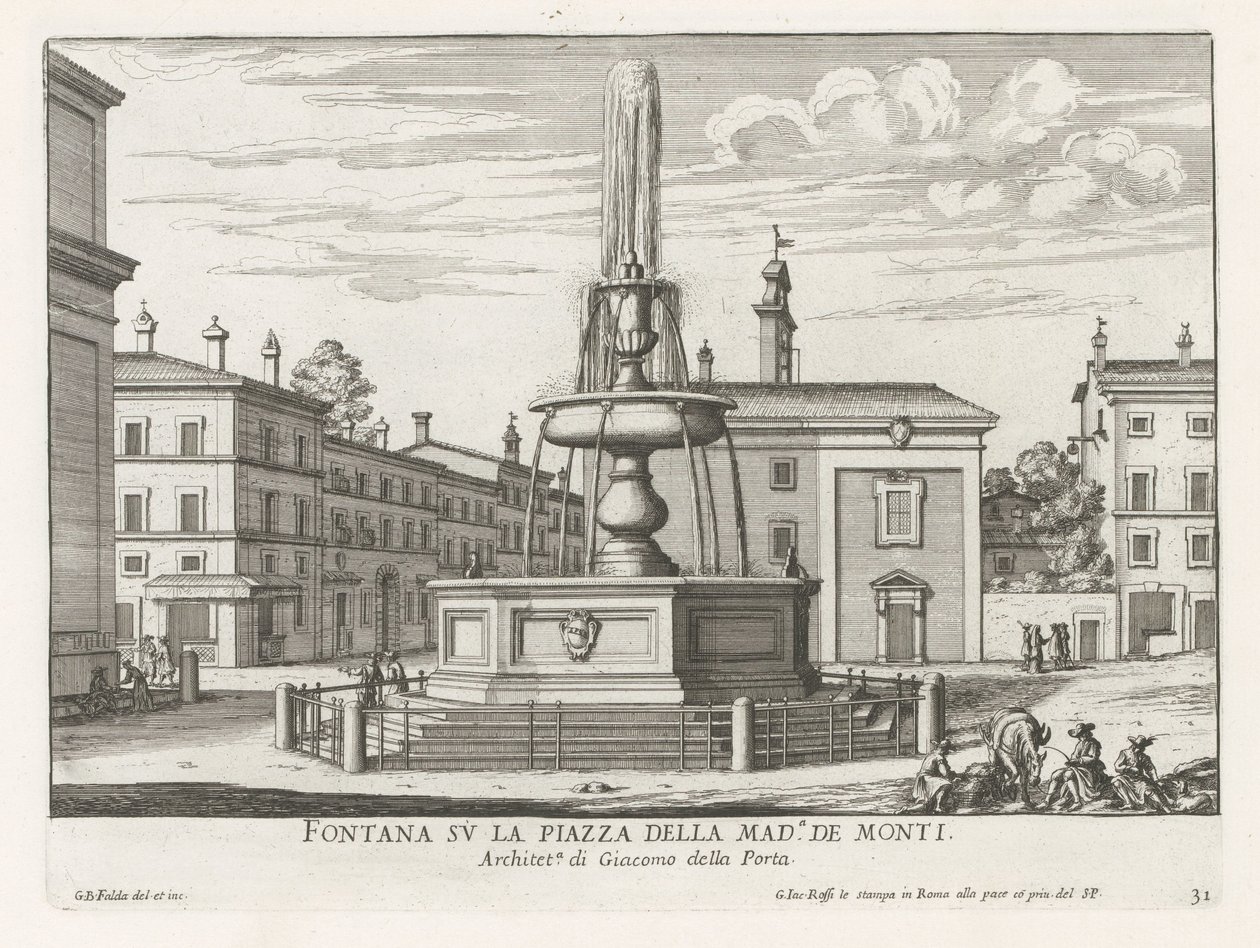 Fontein a Piazza della Madonna dei Monti te Rómában Szökőkút a Piazza della Mad.a de Monti téren (cím a tárgyon) Róma szökőkútjai (sorozat címe) Fonteinen van Rome (sorozat címe) alkotó: Giovanni Battista Falda