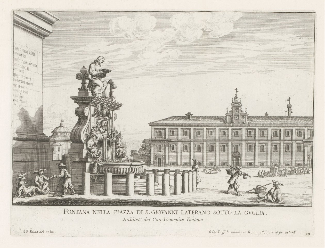 Fontein op Piazza di San Giovanni Laterano te Rómában Szökőkút a Piazza di S. Giovanni Laterano téren a torony alatt (cím a tárgyon) Róma szökőkútjai (sorozat címe) Fonteinen van Rome (sorozat címe) alkotó: Giovanni Battista Falda