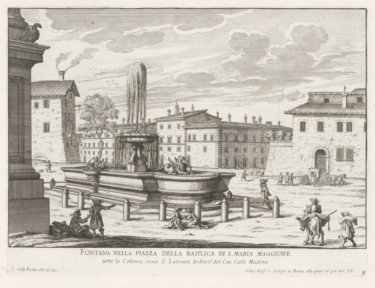 Fontein a Piazza di Santa Maria Maggiore Rómában Szökőkút a S. Maria Maggiore-bazilika terén (cím a tárgyon) Róma szökőkútjai (sorozat címe) Fonteinen van Rome (sorozat címe) alkotó: Giovanni Battista Falda