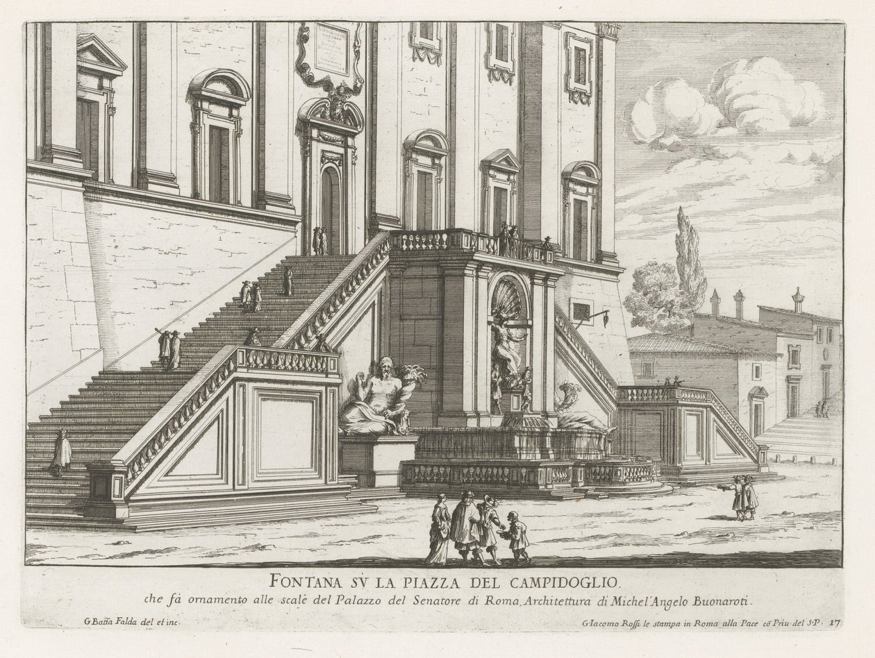 Szökőkút a római Capitolium Palazzo Senatorio épülete előtt Fontana su la Piazza del Campidoglio (cím a tárgyon) Fontane di Roma (sorozat címe) Róma szökőkútjai (sorozat címe) alkotó: Giovanni Battista Falda