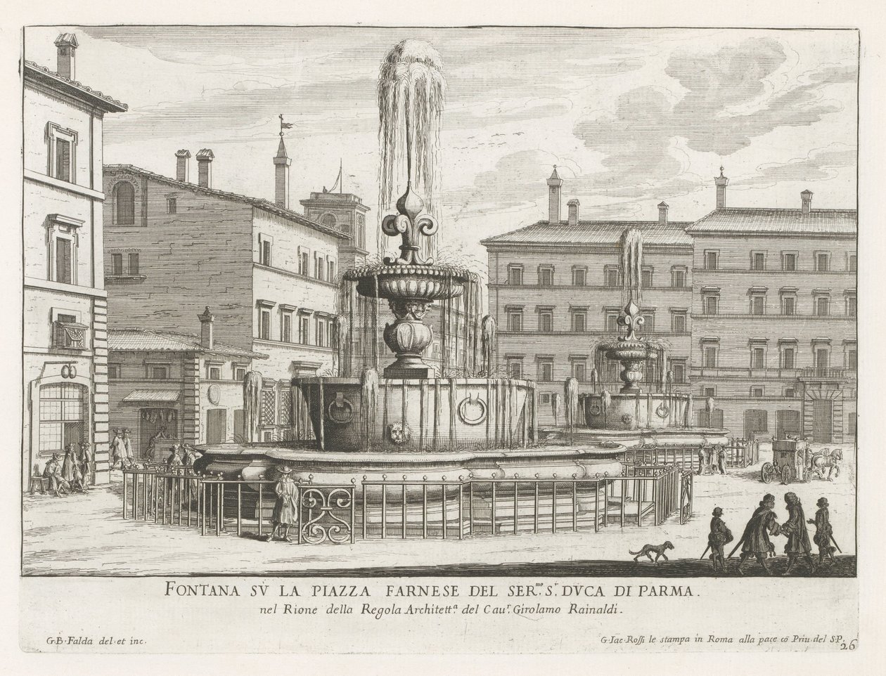 Fonteinen a Piazza Farnese te Rómában Szökőkút a ser.mo s.r Duca di Parma Piazza Farnese-n (cím a tárgyon) Róma szökőkútjai (sorozat címe) Fonteinen van Rome (sorozat címe) alkotó: Giovanni Battista Falda