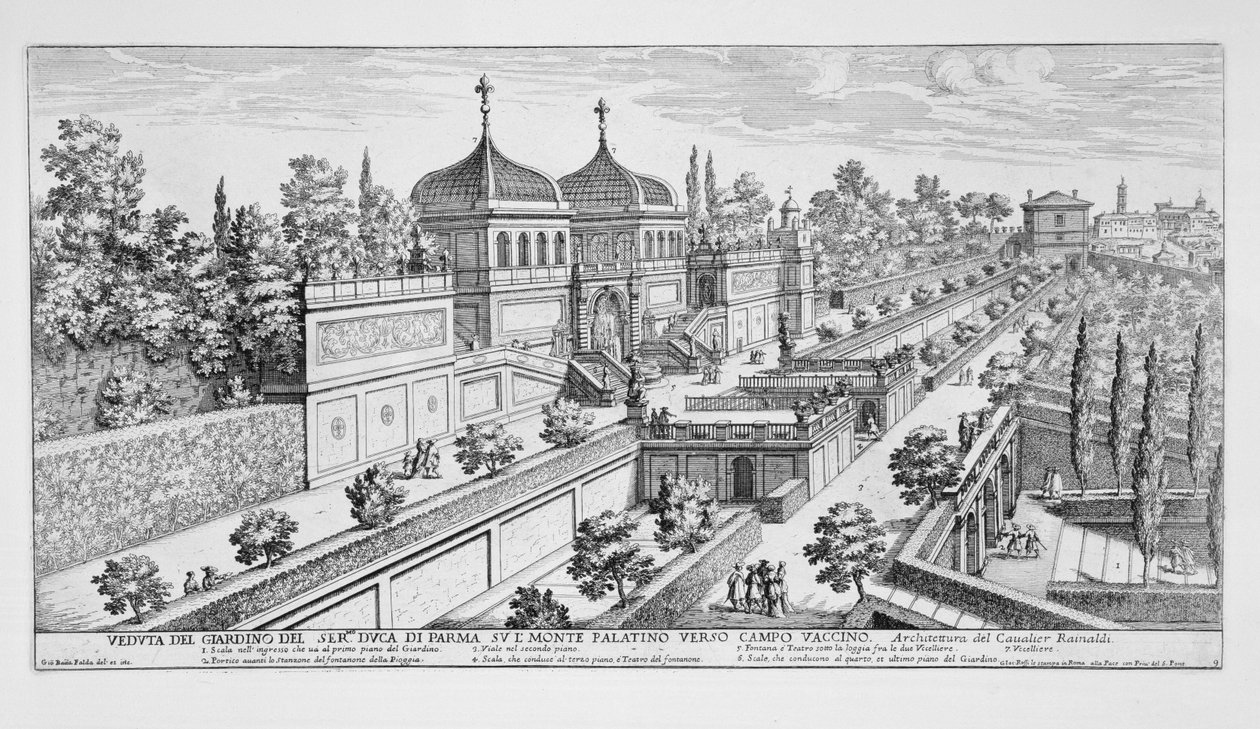 A pármai herceg kertje a Palatinus-dombon, a római Campo Vaccino felé néz az „Il Nuovo Teatro della Fabriche et Buildings in Perspective of Modern Rome” című művéből, 1665-1669 körül. alkotó: Giovanni Battista Falda