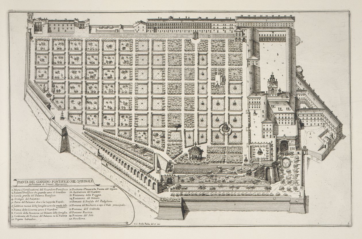 A pápai kert és a Quirinale-palota, az Il Nuovo Teatro della Fabriche et Buildings in Perspective of Modern Rome-ból, 1665-1669 körül (lásd még: 172928) alkotó: Giovanni Battista Falda