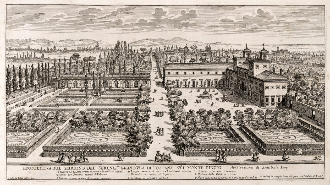 A római Villa Medici kertjének perspektívája, Giovanni Battista Falda (1640 vagy 1643-1678) metszete Li Giardniból (A kertek) alkotó: Giovanni Battista Falda