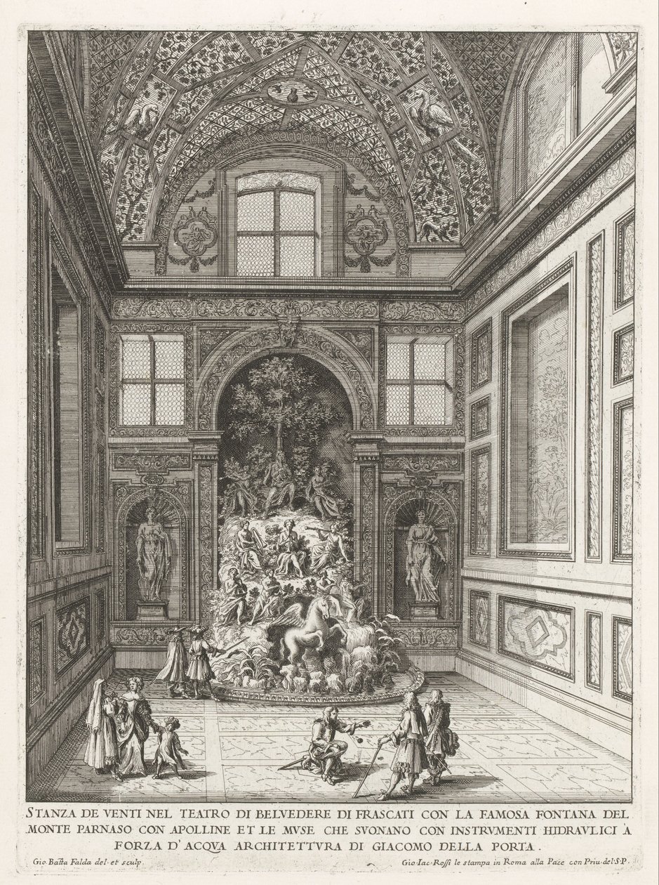 Stanza dei Venti in de tuinen van de Villa Aldobrandini te Frascati A szelek szobája a Frascati-i Belvedere Színházban (...) (cím a tárgyon) Frascati villáinak szökőkútjai (sorozat címe) Fonteinen van Frascati (sorozat címe) alkotó: Giovanni Battista Falda