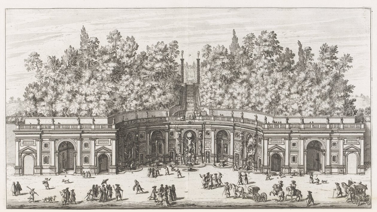 Theatre of the Waters in de tuinen van de Villa Aldobrandini te Frascati A Villa Aldobrandina (...) nagy vízi színházának kilátása és felülnézete (cím a tárgyon) A Frascati villák szökőkútjai (sorozat címe) Fonteinen van Frascati (sorozat címe) alkotó: Giovanni Battista Falda