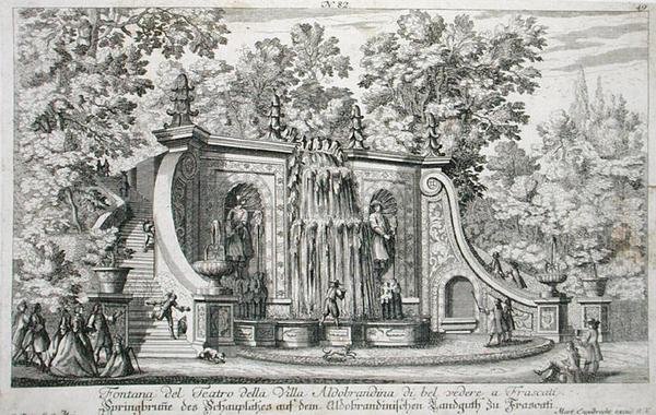 Színházi szökőkút a Villa Aldobrandina-ban, Frascati, 1675 körül, a „Le Fontane”-ból, 1687 előtt (metszet) alkotó: Giovanni Battista Falda