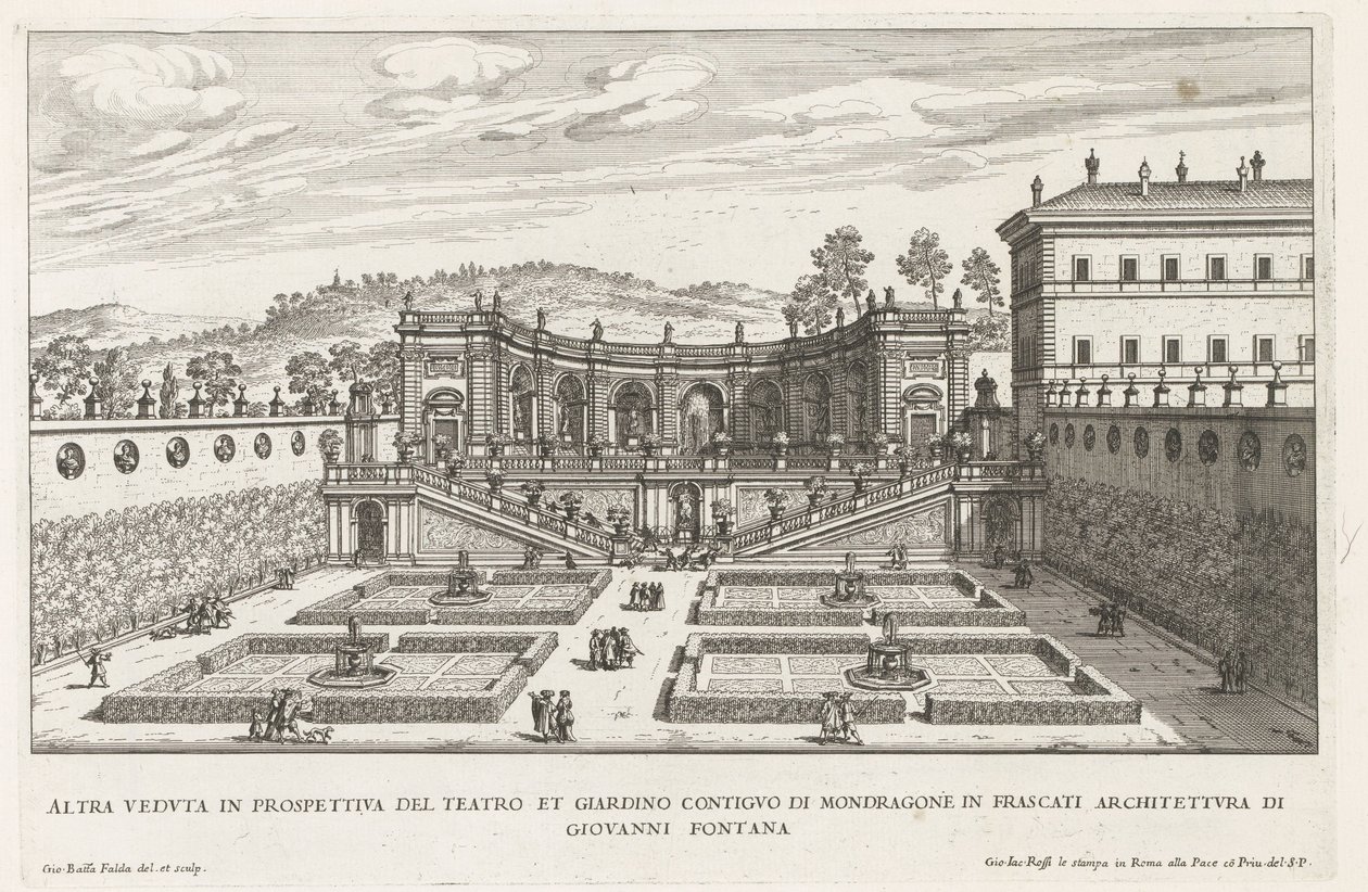 Tuinen van de Villa Mondragone te Frascati Egy másik perspektivikus nézet a színházról és a szomszédos kertről (...) (cím a tárgyon) A Frascati villák szökőkútjai (sorozat címe) Fonteinen van Frascati (sorozat címe) alkotó: Giovanni Battista Falda