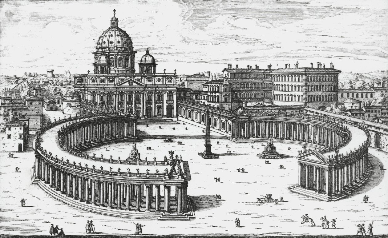 Vatikán, kilátás a Piazza San Pietro-ra, a Szent Péter-bazilikával és a Vatikáni palotákkal, Giovanni Battista Falda metszetével. 1665 alkotó: Giovanni Battista Falda