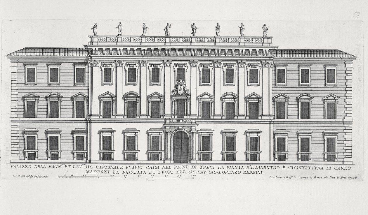 Kilátás a római Palazzo Chigi homlokzatára, amelyet Matteo di Castello, Carlo Maderno (1556-1629) és Giovanni Bernini (1598-1680) tervezett alkotó: Giovanni Battista Falda
