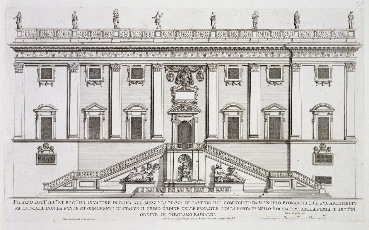 Kilátás a római Piazza del Campidoglio-n található Palazzo Senatorio homlokzatára, Michelangelo Buonarroti (1475-1564) és Girolamo Rainaldi (1570-1655) befejezte. alkotó: Giovanni Battista Falda