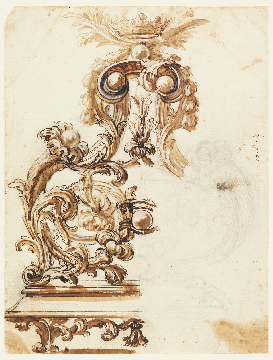 Rajz, tervezet egy aranyozott bronz díszhez, 1680-1700 alkotó: Giovanni Battista Foggini
