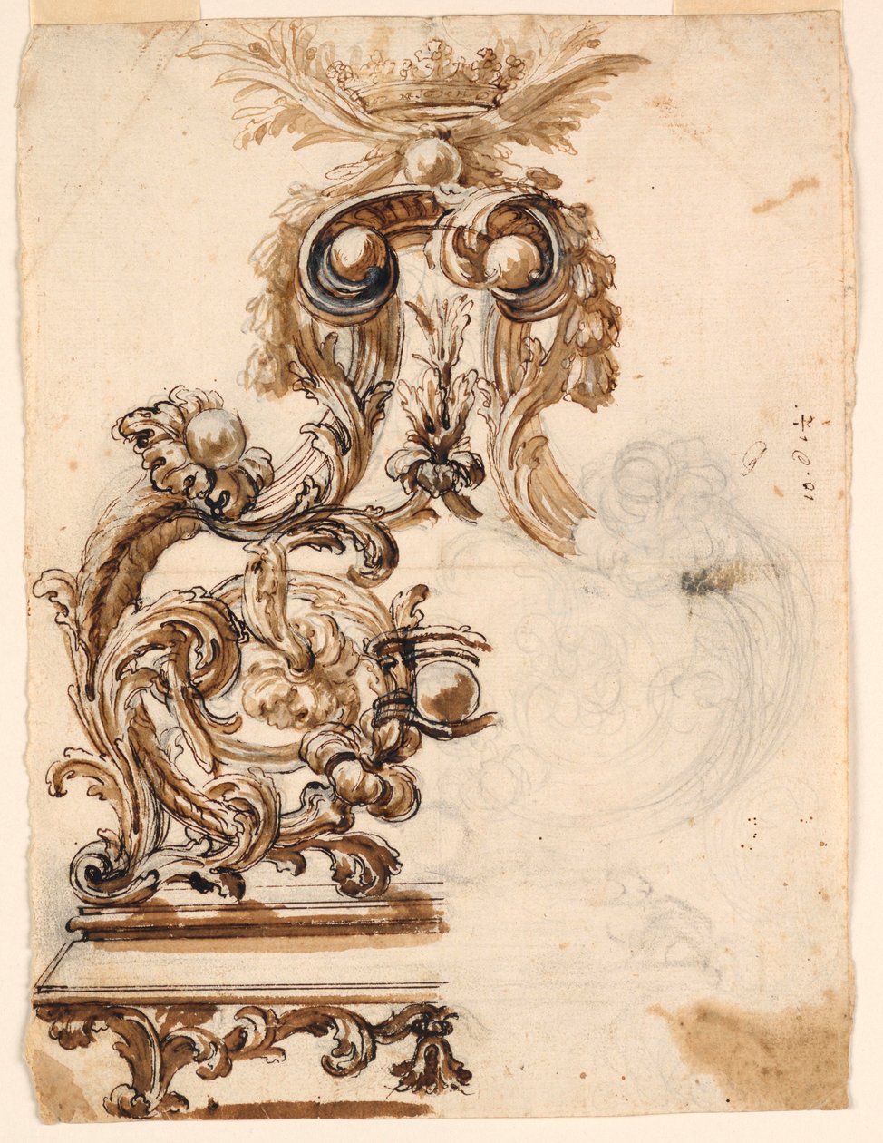 Rajz, tervezet egy aranyozott bronz díszhez, 1680-1700 alkotó: Giovanni Battista Foggini