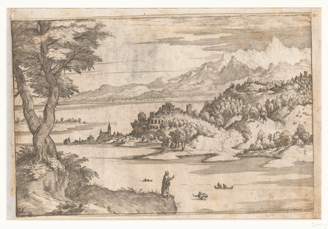 Péter a vízen sétál Tájképek Krisztus életének jeleneteivel (sorozat címe) alkotó: Giovanni Battista Fontana
