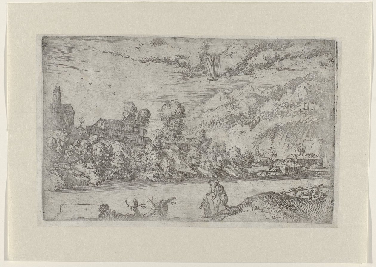 Folyói táj Krisztus keresztségével (cím a tárgyon) Tájképek Krisztus életének jeleneteivel (sorozat címe) alkotó: Giovanni Battista Fontana
