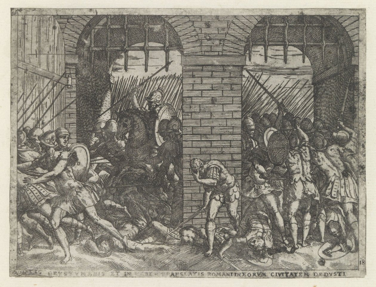 Romeinse soldaten vallen Crustumerium binnen Crustumeni (...) állampolgárságától megfosztott áldozata (cím a tárgyon) Leven van Romulus en Remus (sorozat címe) alkotó: Giovanni Battista Fontana