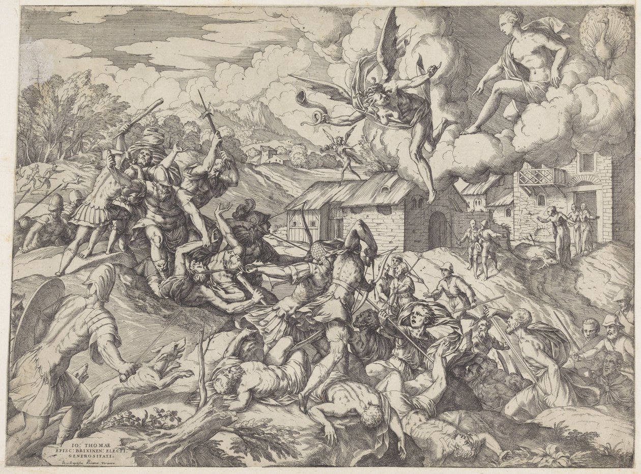 Aeneas katonái Latinus király szolgái ellen harcolnak alkotó: Giovanni Battista Fontana