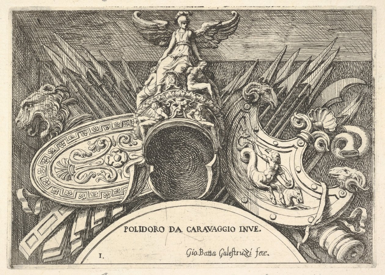 1. tábla: római karok trófeái a második emeleti ablakok feletti díszítésekből ..., 1656-58. alkotó: Giovanni Battista Galestruzzi