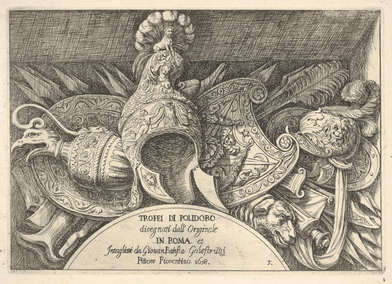 5. tábla: római karok trófeái az ablakok feletti díszítésekből, 1658 ... második emeletén. alkotó: Giovanni Battista Galestruzzi