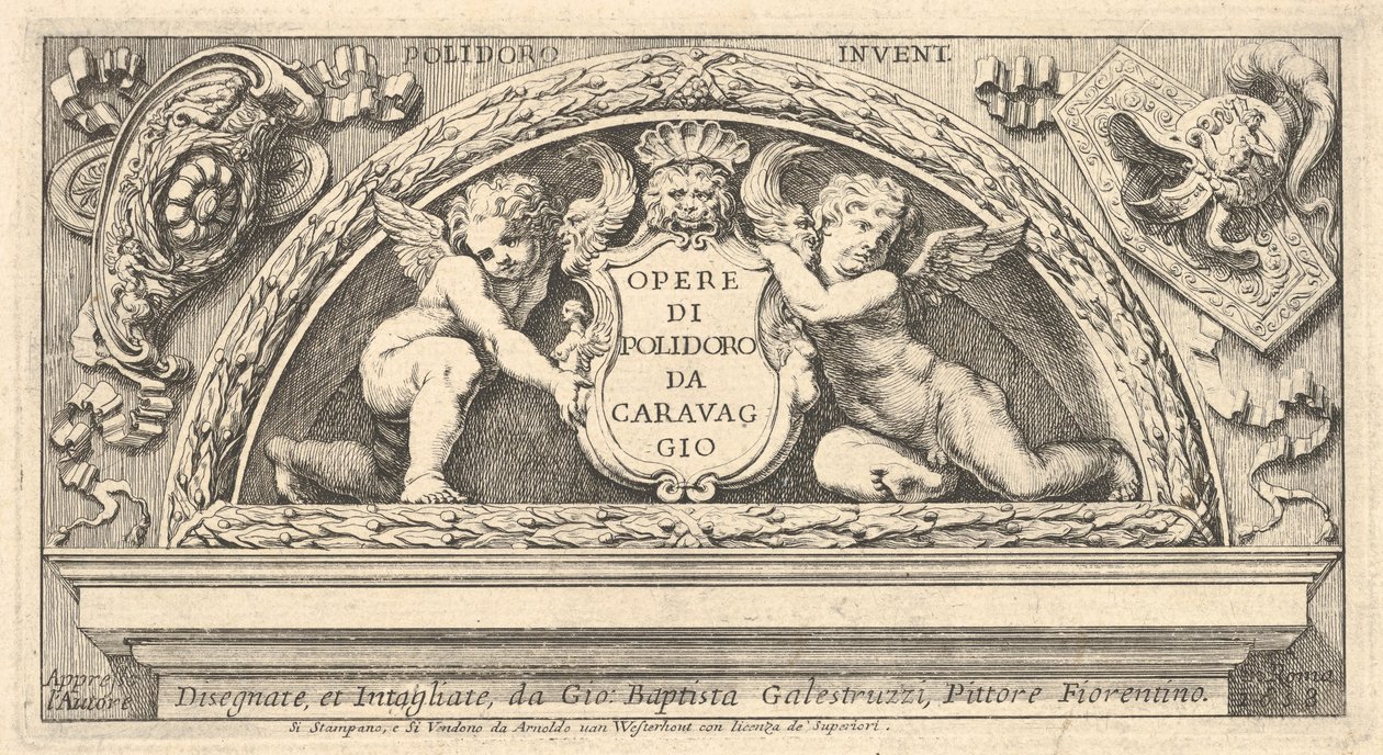A Poloidoro nyomán készült nyomatsorozat címtáblája, cím egy pajzson, amelyet két putti támaszt meg, 1658. alkotó: Giovanni Battista Galestruzzi