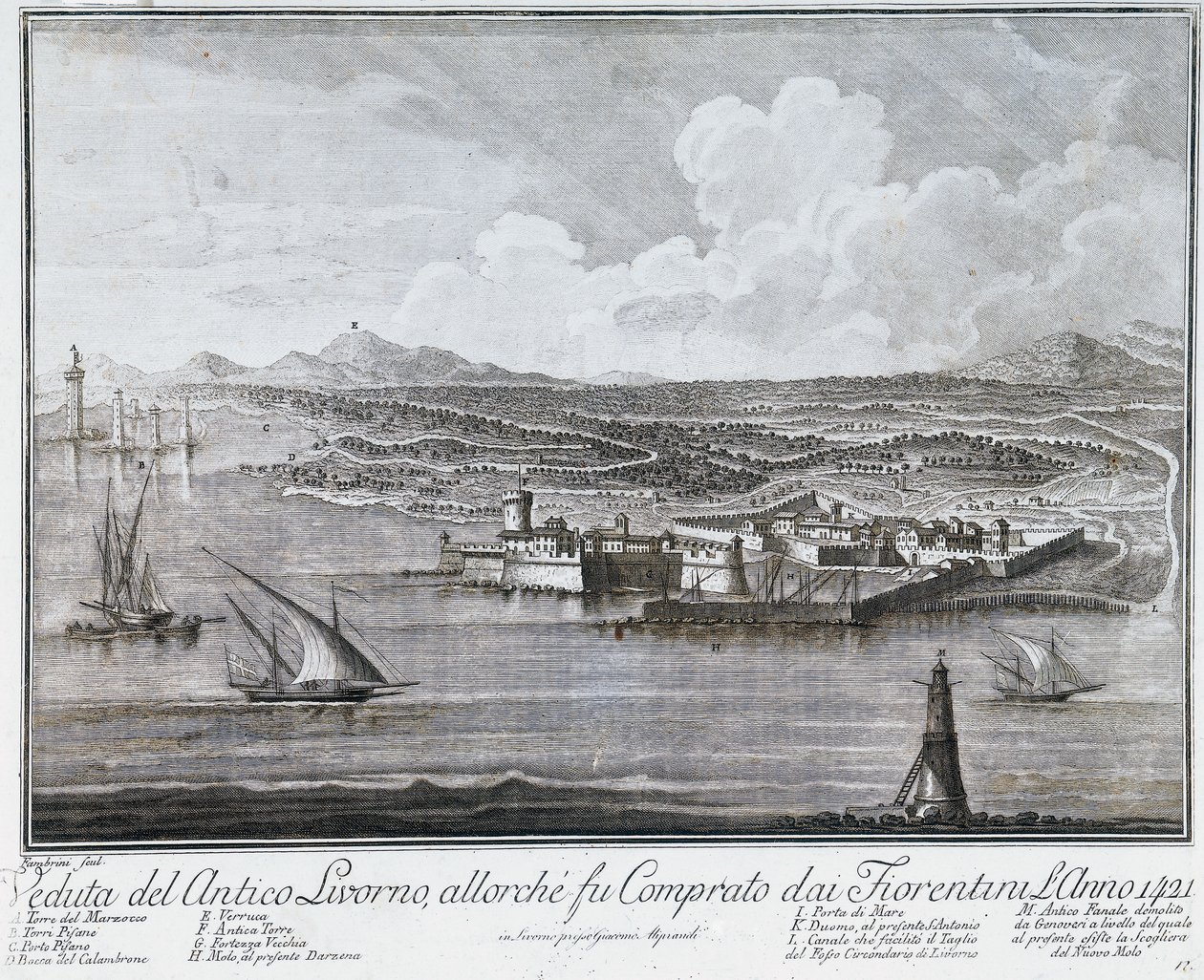 Kilátás Livorno kikötőjére, amikor a firenzeiek 1421-ben megvásárolták, metszet a város és Livorno kikötőjének legjobb kilátásait bemutató gyűjteményből alkotó: Giovanni Battista Guerazzi