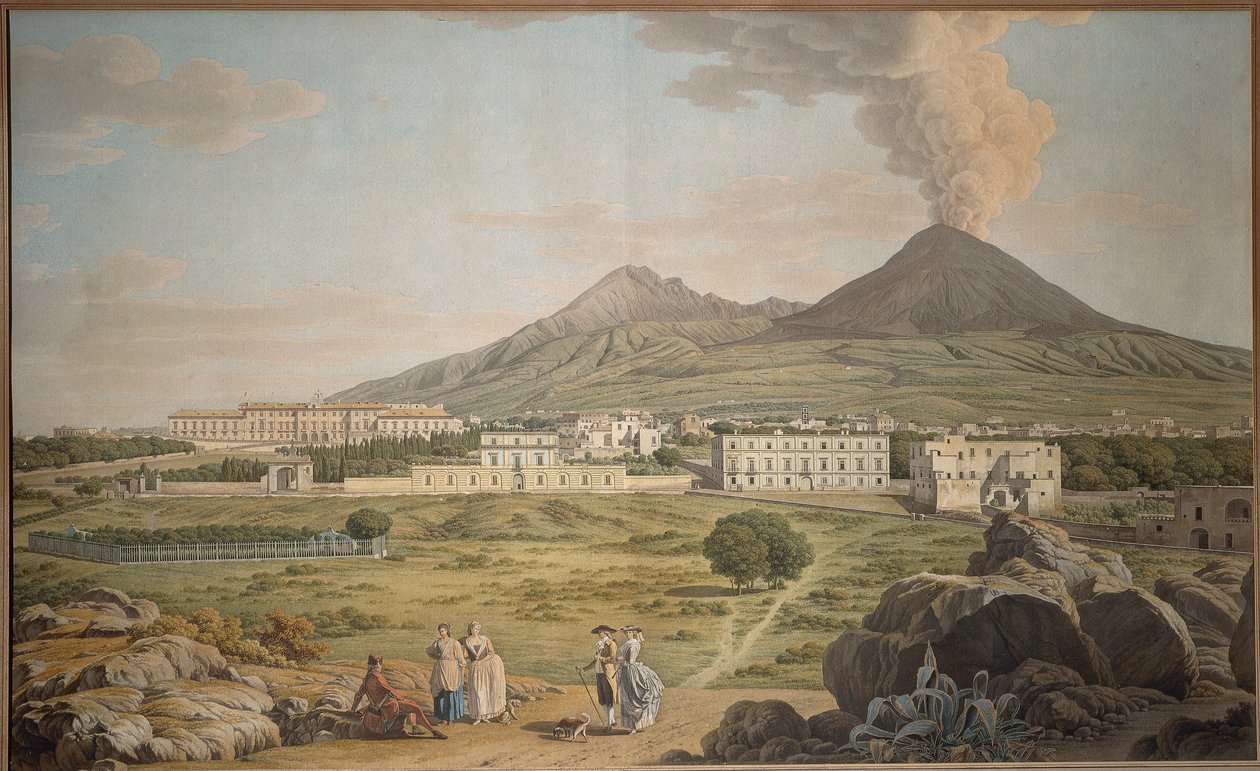A Vezúv lejtői Portici felől, kilátással a Bourbon-palotára, Giovan Battista Lusieri, gouache. alkotó: Giovanni Battista Lusieri