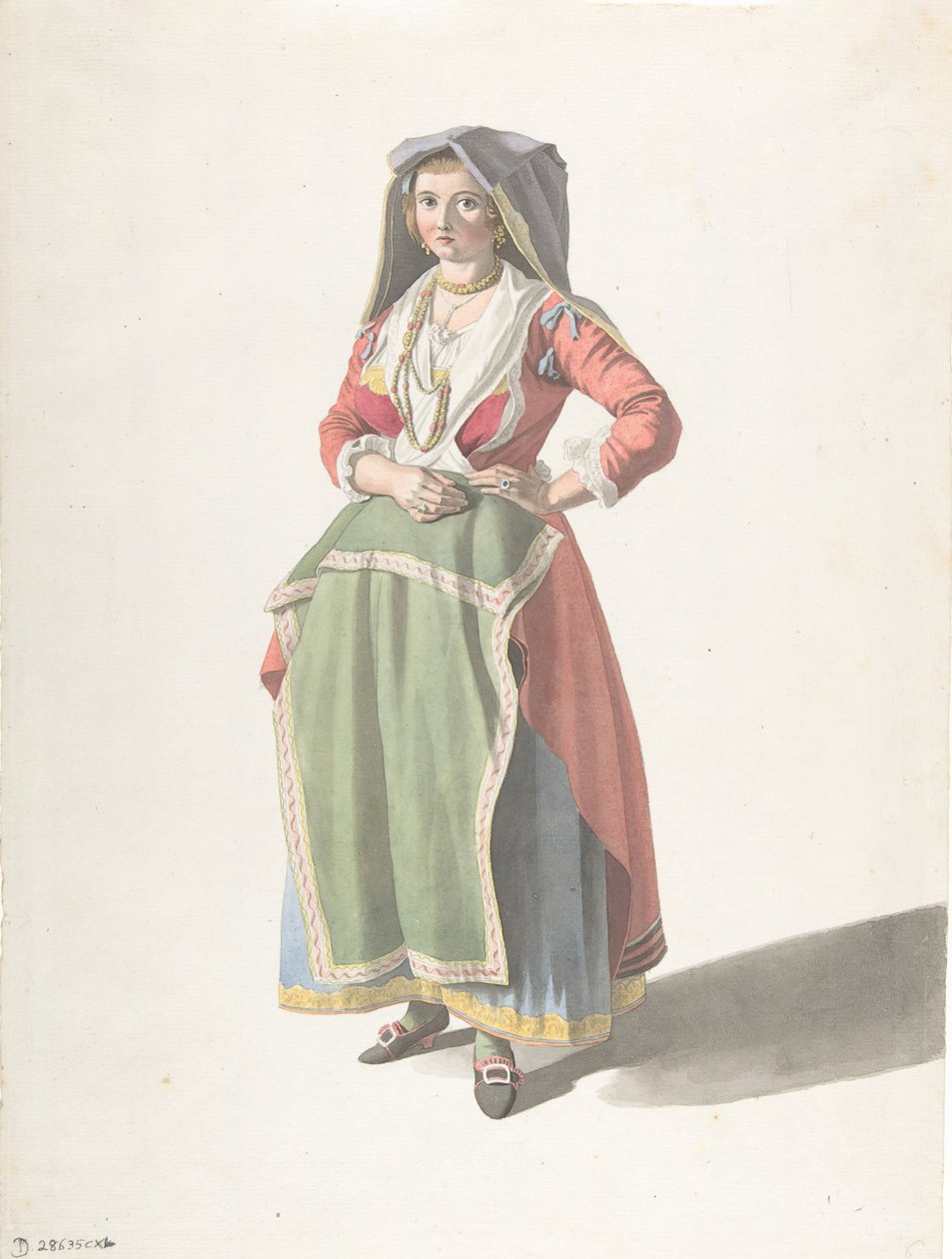 Fiatal nő hagyományos nápolyi ruhában áll, kb. 1775-1821. alkotó: Giovanni Battista Lusieri