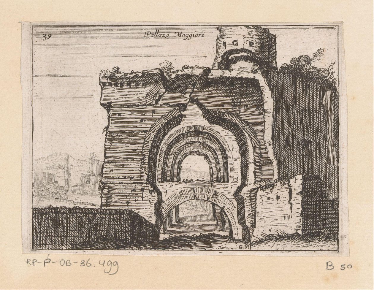 Palazzo Maggiore Pallazo Maggiore (cím a tárgyon) Gezichten op Rome (sorozat címe) Néhány nézet és perspektíva a római lakatlan helyekről (sorozat címe) alkotó: Giovanni Battista Mercati