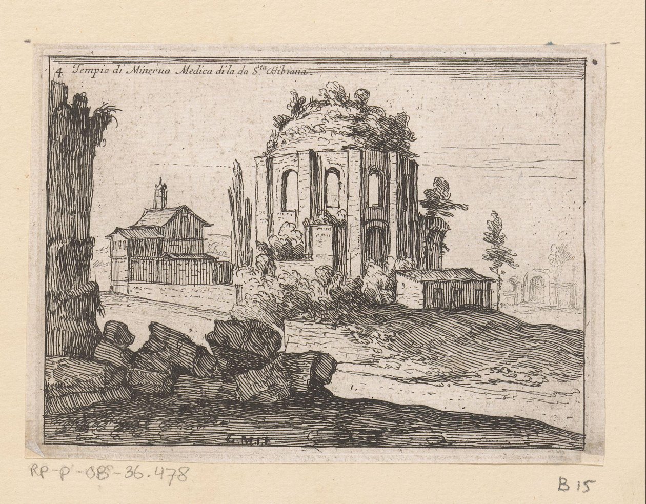 Resten van de Tempel van Minerva Medica egy tájban Minerva Medica di la da S.ta Bibiana temploma (cím a tárgyon) Gezichten op Rome (sorozat címe) Néhány nézet és perspektíva a római lakatlan helyekről (sorozat címe) alkotó: Giovanni Battista Mercati