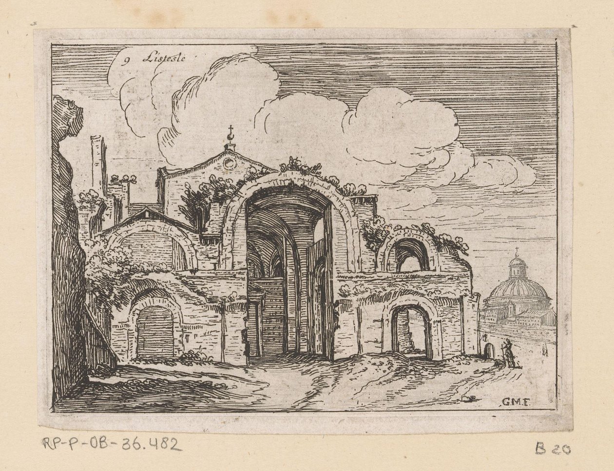 Diocletianus fürdőjének maradványai Rómában Listesse (cím az objektumon) Róma kilátásai (sorozat címe) Alcune vedute et prospettive di luoghi dishabitati di Roma (sorozat címe) alkotó: Giovanni Battista Mercati