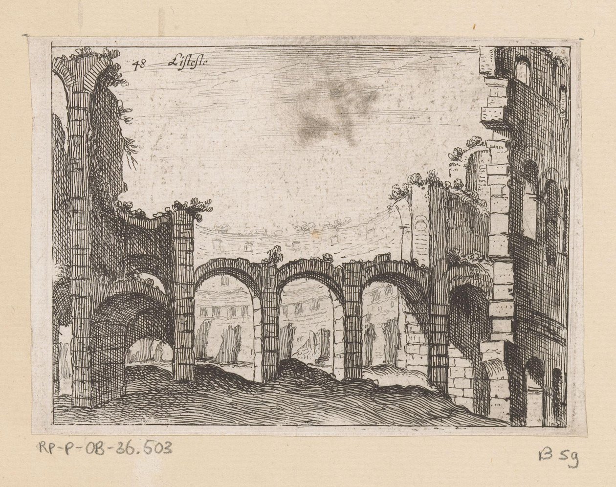 A római Colosseum maradványai Listesso (cím az objektumon) Róma kilátásai (sorozat címe) Alcune vedute et prospettive di luoghi dishabitati di Roma (sorozat címe) alkotó: Giovanni Battista Mercati