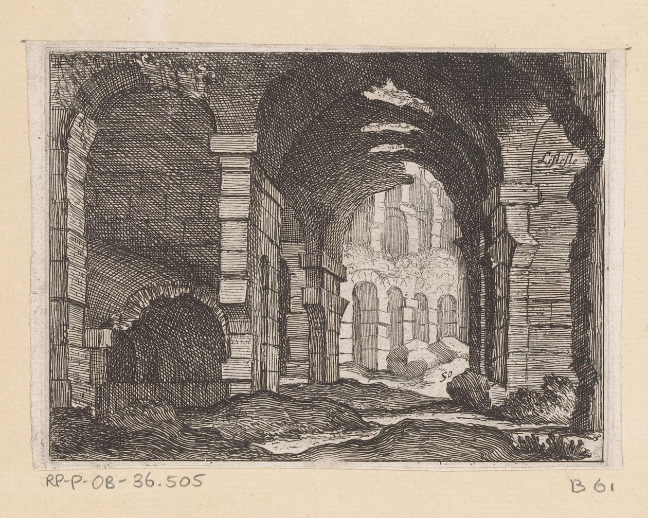A római Colosseum maradványai Listesso (cím az objektumon) Róma kilátásai (sorozat címe) Alcune vedute et prospettive di luoghi dishabitati di Roma (sorozat címe) alkotó: Giovanni Battista Mercati