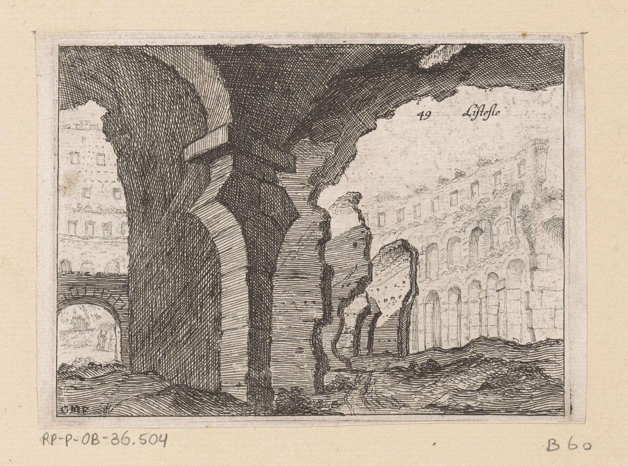 A római Colosseum maradványai Listesso (cím az objektumon) Róma kilátásai (sorozat címe) Alcune vedute et prospettive di luoghi dishabitati di Roma (sorozat címe) alkotó: Giovanni Battista Mercati