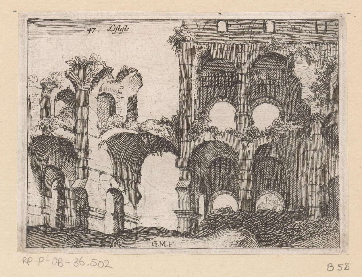 A római Colosseum maradványai Listesso (cím az objektumon) Róma kilátásai (sorozat címe) Alcune vedute et prospettive di luoghi dishabitati di Roma (sorozat címe) alkotó: Giovanni Battista Mercati