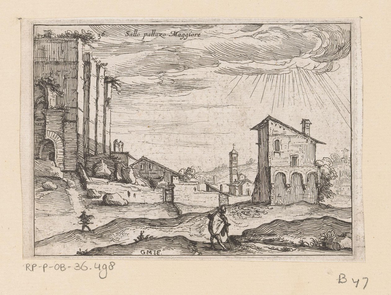 A római Palazzo Maggiore romjai és a közeli épületek Sallo pallazo Maggiore (cím a tárgyon) Róma kilátásai (sorozat címe) Alcune vedute et prospettive di luoghi dishabitati di Roma (sorozat címe) alkotó: Giovanni Battista Mercati