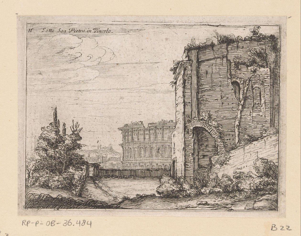 Az ókori épület romjai és a Colosseum Rómában Sotto San Pietro in Vincolo (cím a tárgyon) Róma kilátásai (sorozat címe) Alcune vedute et prospettive di luoghi dishabitati di Roma (sorozat címe) alkotó: Giovanni Battista Mercati
