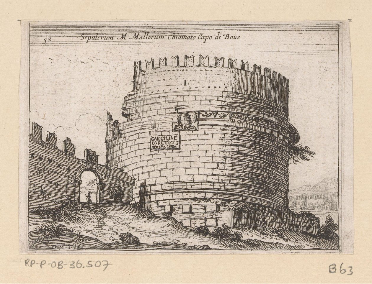 Tombe van Caecilia Metella Rómában Sepulcrum M. Mallorum, Boue-fok (cím a tárgyon) Gezichten op Rome (sorozat címe) Néhány nézet és perspektíva a római lakatlan helyekről (sorozat címe) alkotó: Giovanni Battista Mercati