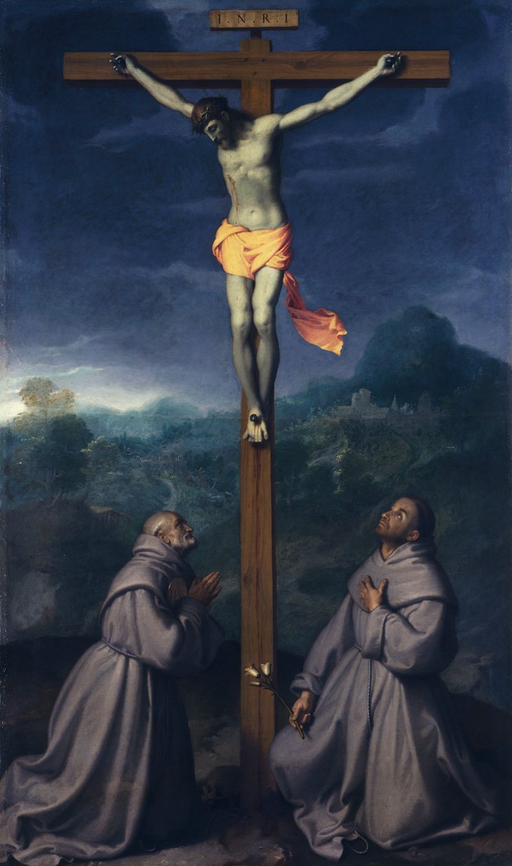 Keresztre feszítés Szent Bernardinóval és Páduai Anthonyval, Giovanni Battista Moroni (1525-1578), olaj, vászon, 226x133 cm, San Giuliano templom, Albino alkotó: Giovanni Battista Moroni
