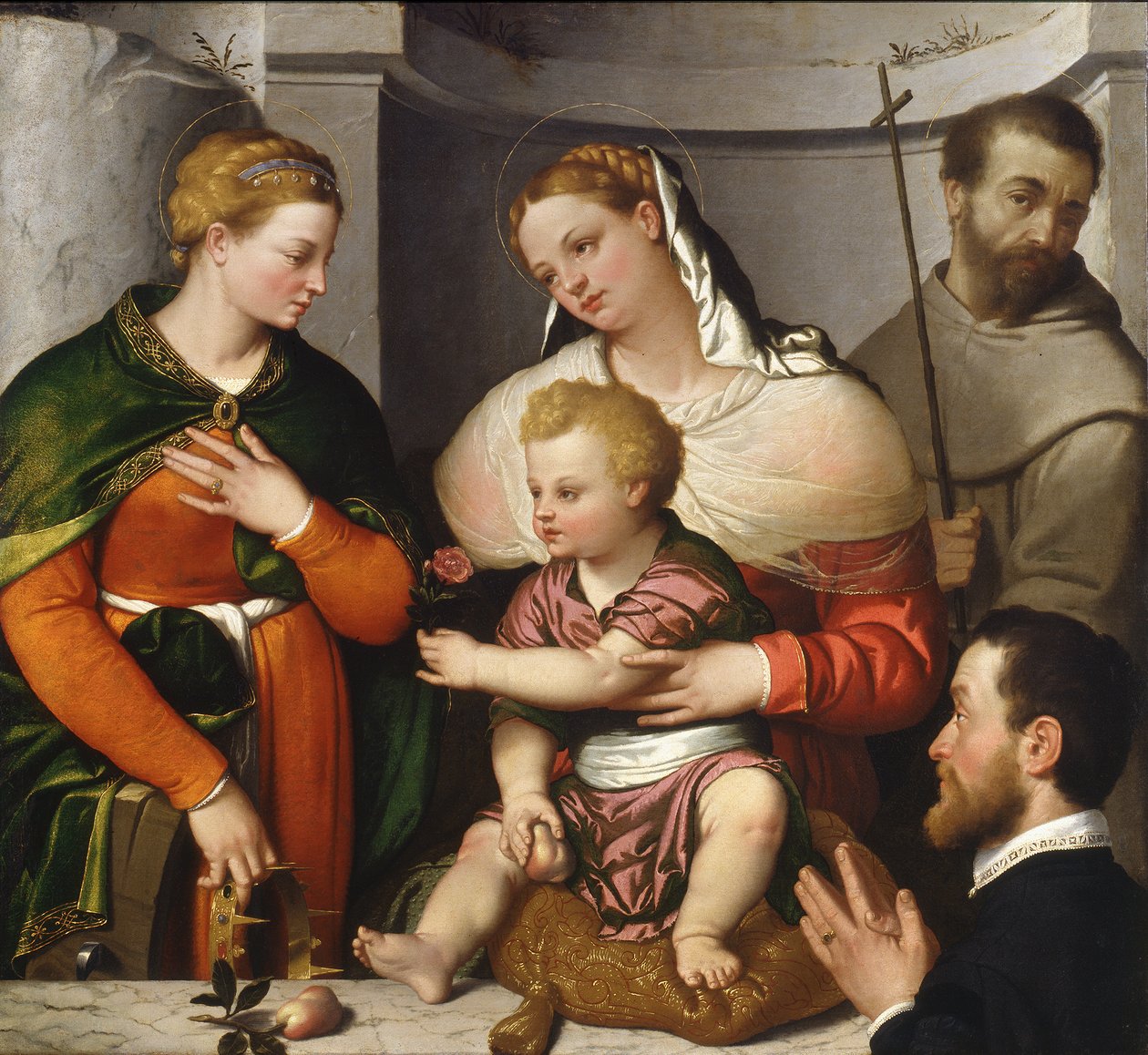 Madonna és gyermek Szent Katalinnal, Szent Ferenccel és az adományozóval, 1550 körül (olaj, vászon) alkotó: Giovanni Battista Moroni