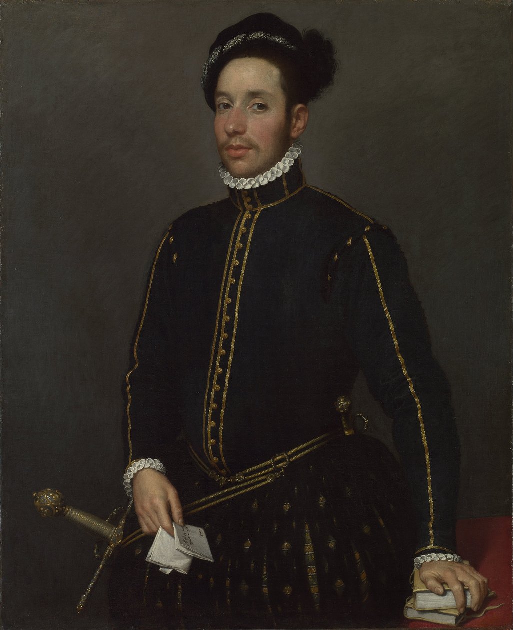Egy balkezes úr arcképe két kvartóval és levéllel („Il Gentile Cavaliere”) alkotó: Giovanni Battista Moroni