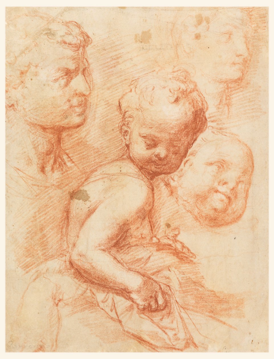 Rajz, Tanulmány férfi, nő és gyermekfej, ülő gyermek, 1570 körül. alkotó: Giovanni Battista Naldini