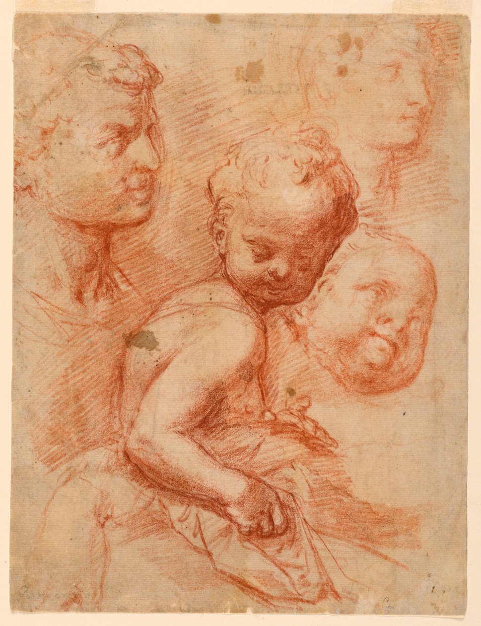 Rajz, Tanulmány férfi, nő és gyermekfej, ülő gyermek, 1570 körül. alkotó: Giovanni Battista Naldini
