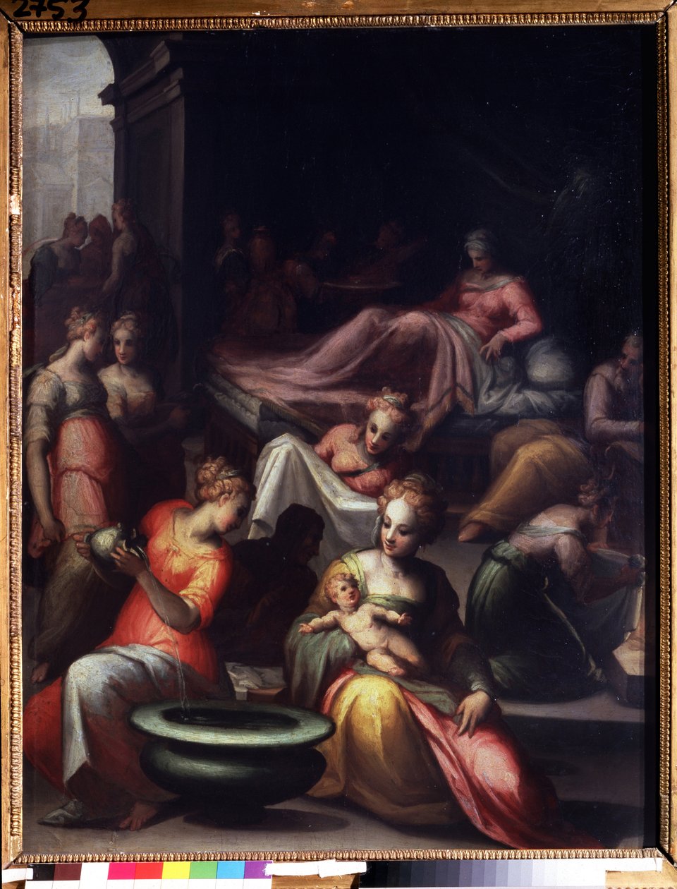 Keresztelő Szent János születése (Keresztelő János születése). Giovanni Battista Naldini (1537-1591) festménye. Olajfestmény. Nap: 89x74 cm. A firenzei manierizmus művészete. Puskin Múzeum, Moszkva. alkotó: Giovanni Battista Naldini