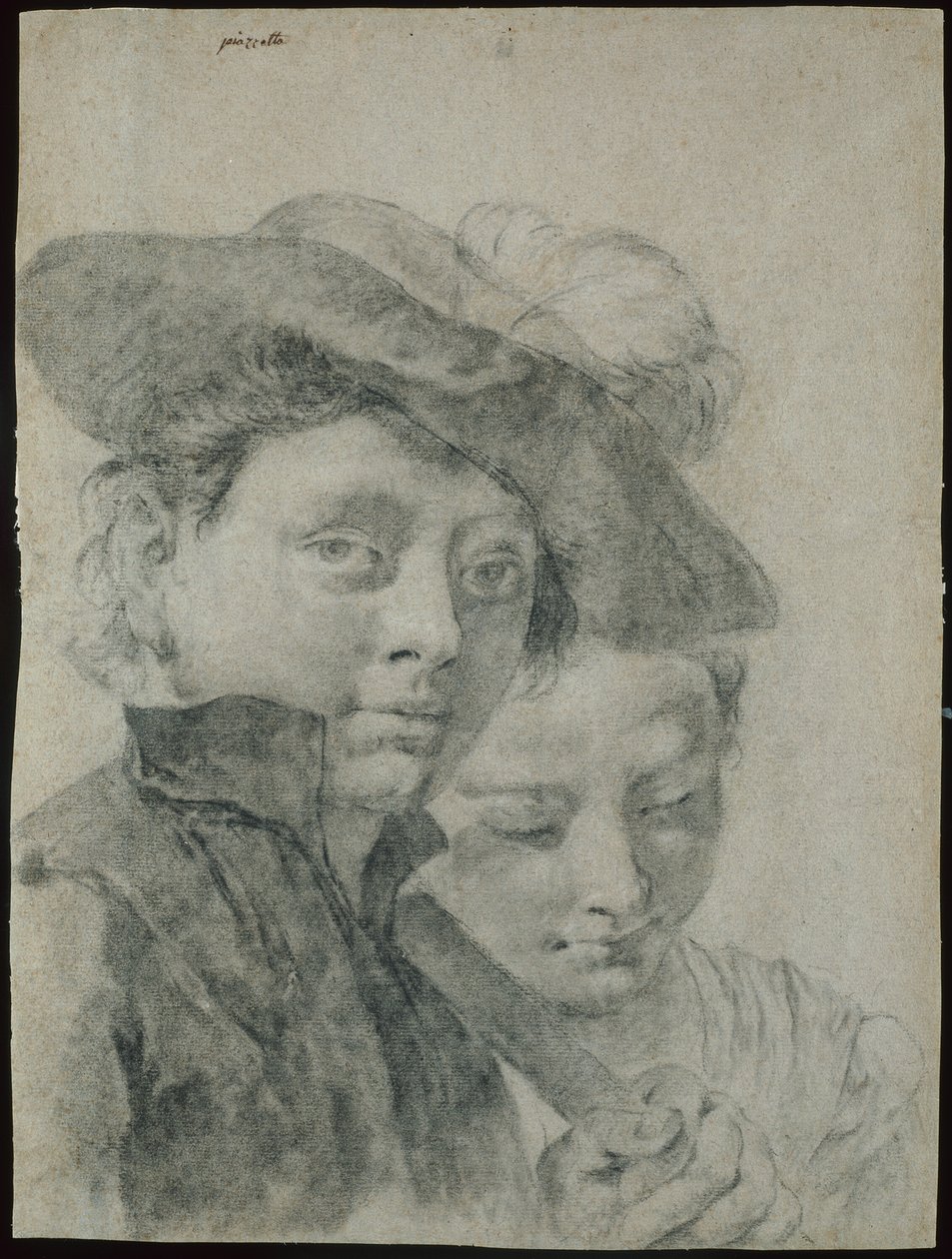 Egy fiatal fiú, aki tollas kalapot visel, és egy fiatal lány alkotó: Giovanni Battista Piazzetta