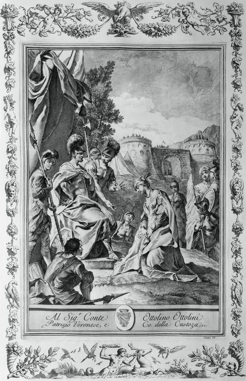 Armida Goffredo előtt, metszet, Giovanni Battista Piazzetta (1683-1754) a jeruzsálemi III. énekhez Delivered, Torquato Tasso (1544-1595), kiadó: Giovanni Battista Albrizzi, Velence, Olaszország alkotó: Giovanni Battista Piazzetta