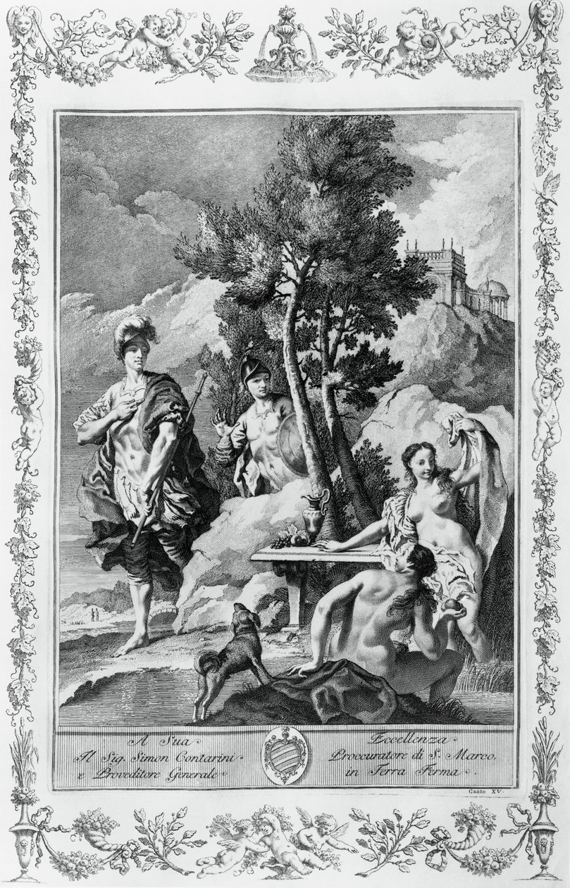 Carlo és Ubaldo a Happy Islandsben, metszet, Giovanni Battista Piazzetta (1683-1754) a jeruzsálemi XV. énekhez Kiadva, Torquato Tasso (1544-1595), Giovanni Battista Albrizzi kiadás, Velence, Olaszország alkotó: Giovanni Battista Piazzetta