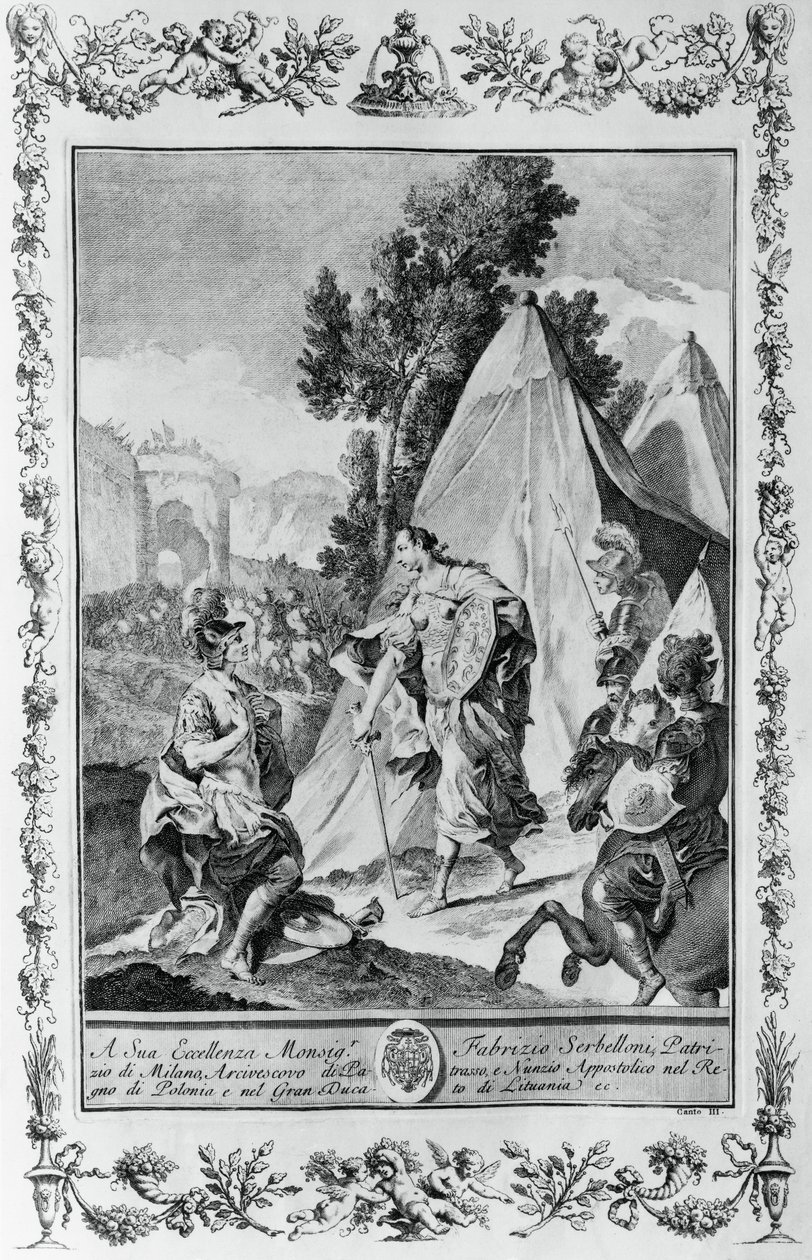 Keresztesek Jeruzsálem ostrománál, metszet, Giovanni Battista Piazzetta (1683-1754) a jeruzsálemi III. énekhez Kiadva, Torquato Tasso (1544-1595), kiadó: Giovanni Battista Albrizzi, Velence, Olaszország alkotó: Giovanni Battista Piazzetta