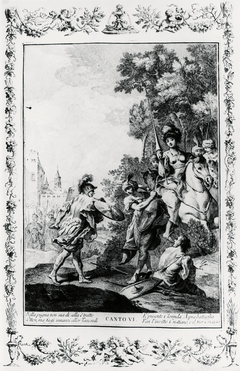 Párbaj Ottone és Tancredi között Clorinda jelenlétében, VI. ének, Jeruzsálem kézbesítve alkotó: Giovanni Battista Piazzetta