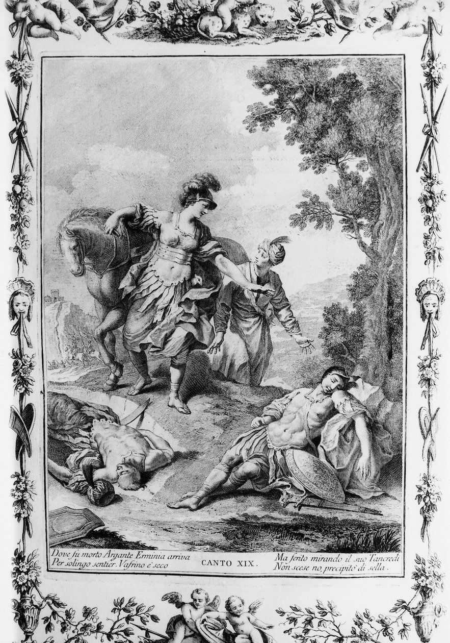 Erminia megsebesült Tancredivel találkozik, a XIX. ének, Jeruzsálem kézbesítve alkotó: Giovanni Battista Piazzetta