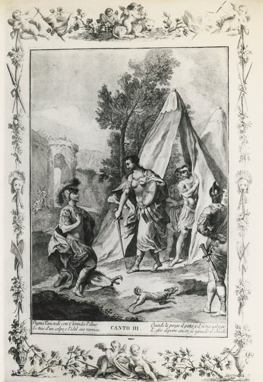 Jeruzsálem elszabadult, III. ének, Giovanni Battista Piazzetta (1683-1754) illusztrációja Torquato Tasso (1544-1595) verséhez, 1745-ben Velencében kiadott kiadás, Itália alkotó: Giovanni Battista Piazzetta